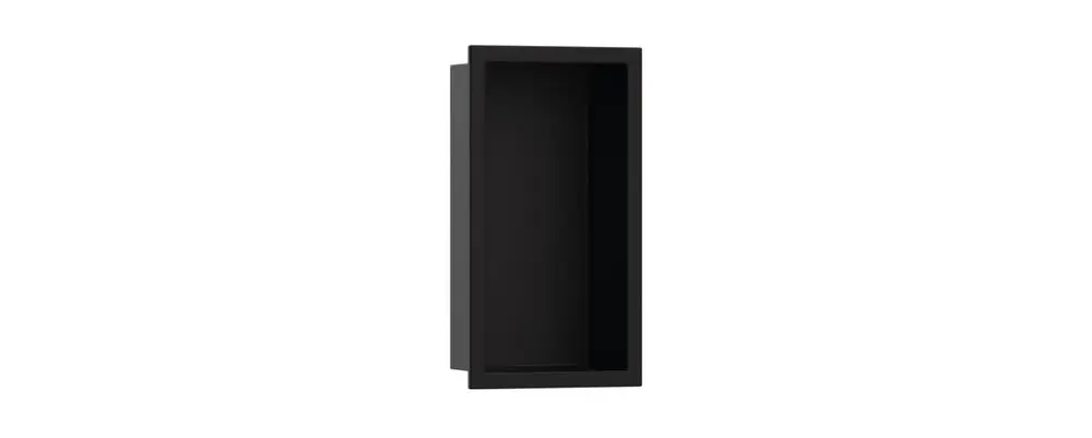 Schwarze Wandnische von Hansgrohe mit rechteckigem Rahmen, die auf eine Montage an der Wand ausgelegt ist. Sie bietet einen Platz für diverse Objekte.